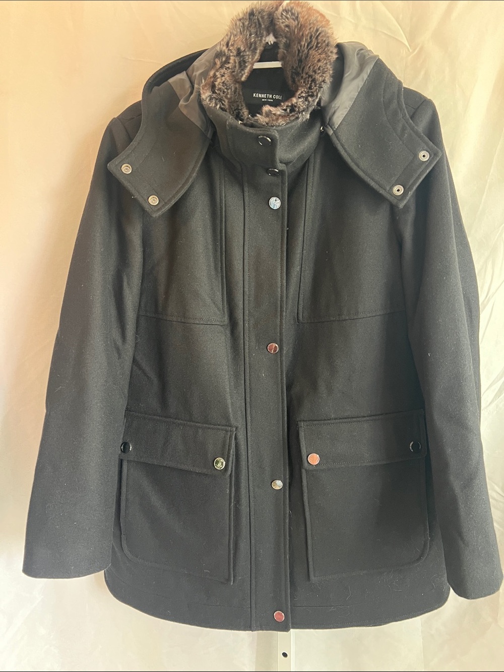 Kenneth Cole Black Wool-Blend Hooded Pea Coat with Faux-Fur Trim